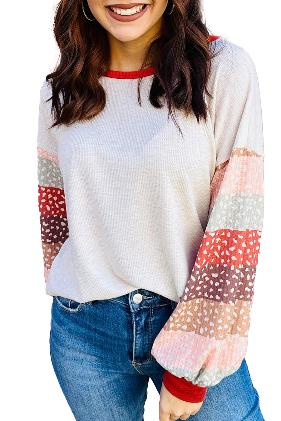 Mulitcolored Leopard Color Block Loose Fit Thermal Long Sleeve Shirt