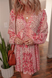 Pink Bohemian Floral Print Tassel Tie Long Sleeve Flowy Mini Dress
