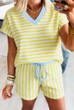 Striped Contrast Trim V-Neck T-Shirt and Drawstring Elastic Waist Shorts Set- 4 Colors