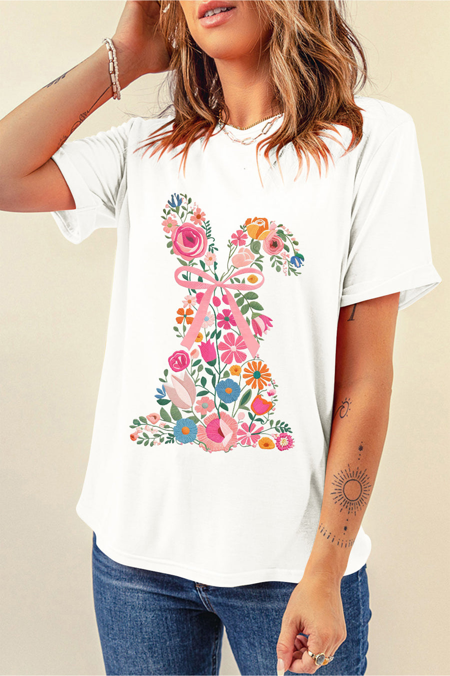 White Embroidered Look Floral Bunny Graphic T-Shirt