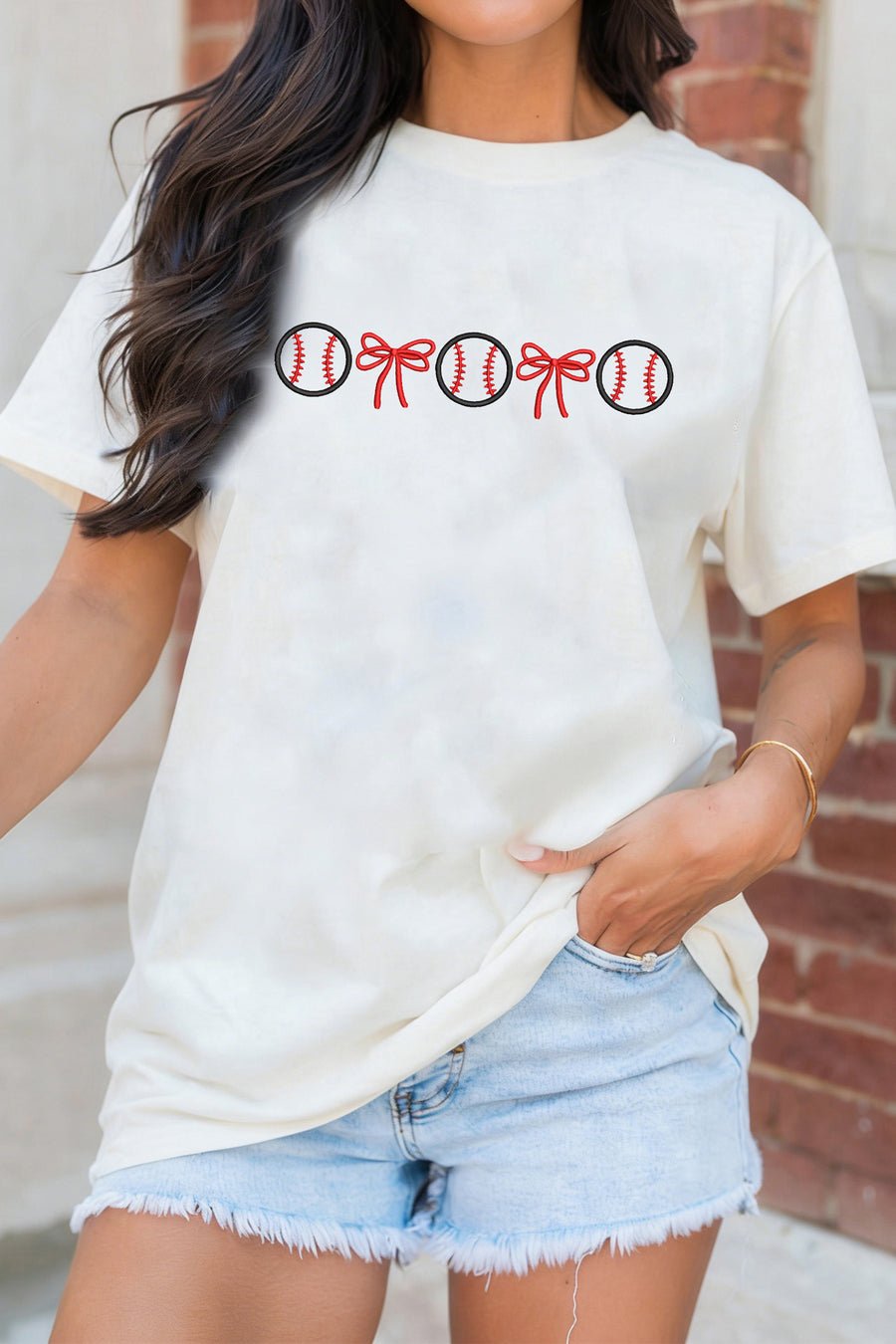 White Baseball Bow Embroidered  T-Shirt