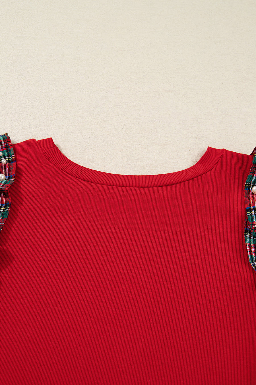 Plus Size Racing Red Plaid Pearl Ruffled Sleeve Knit Holiday Top