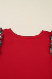 Plus Size Racing Red Plaid Pearl Ruffled Sleeve Knit Holiday Top
