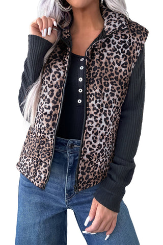 Brown Leopard Quilted Full Zipper Casual Puff Vest
