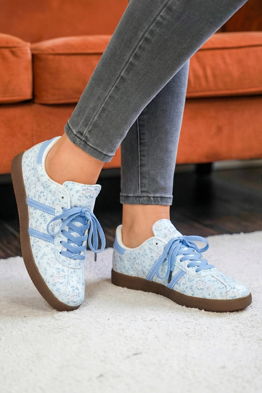 Light Blue Floral Print PU Leather Sneakers