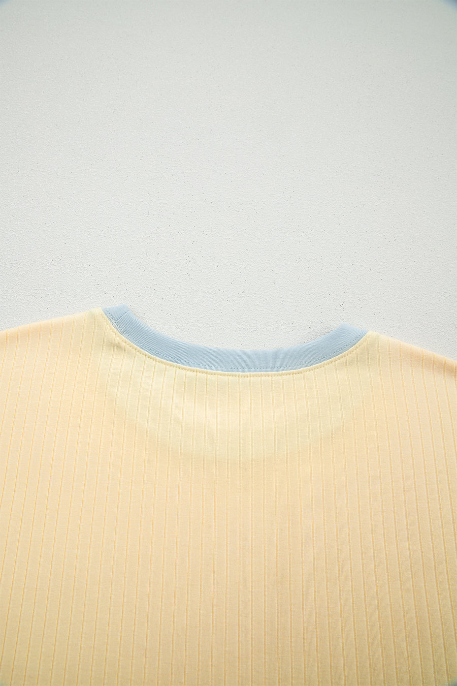 Yellow Cream Soft Ribbed Color Block Trim Casual Short Set