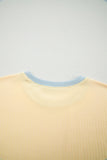 Yellow Cream Soft Ribbed Color Block Trim Casual Short Set