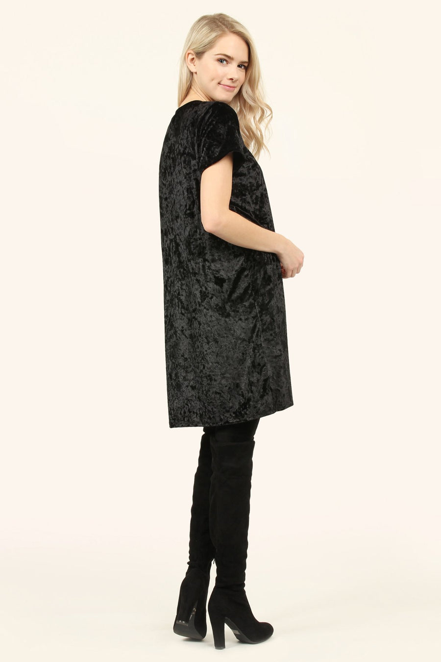 Black Short Sleeve Crushed Velvet Tunic Dress