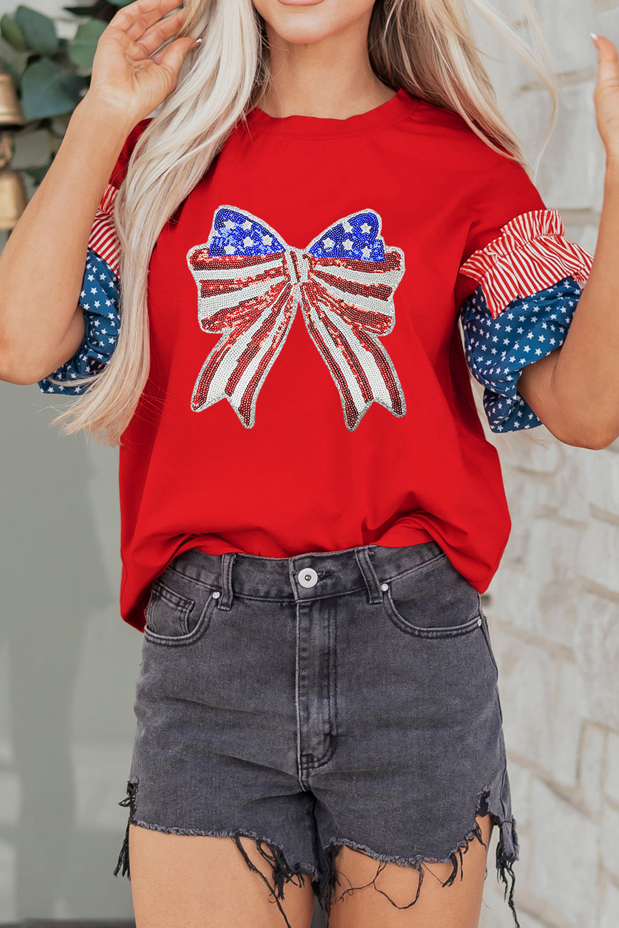 Red American Sequin Bow Contrast Puff Sleeve Blouse