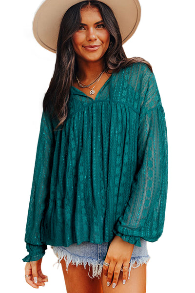 Evergreen Sheer Lace Balloon Sleeve Babydoll Blouse