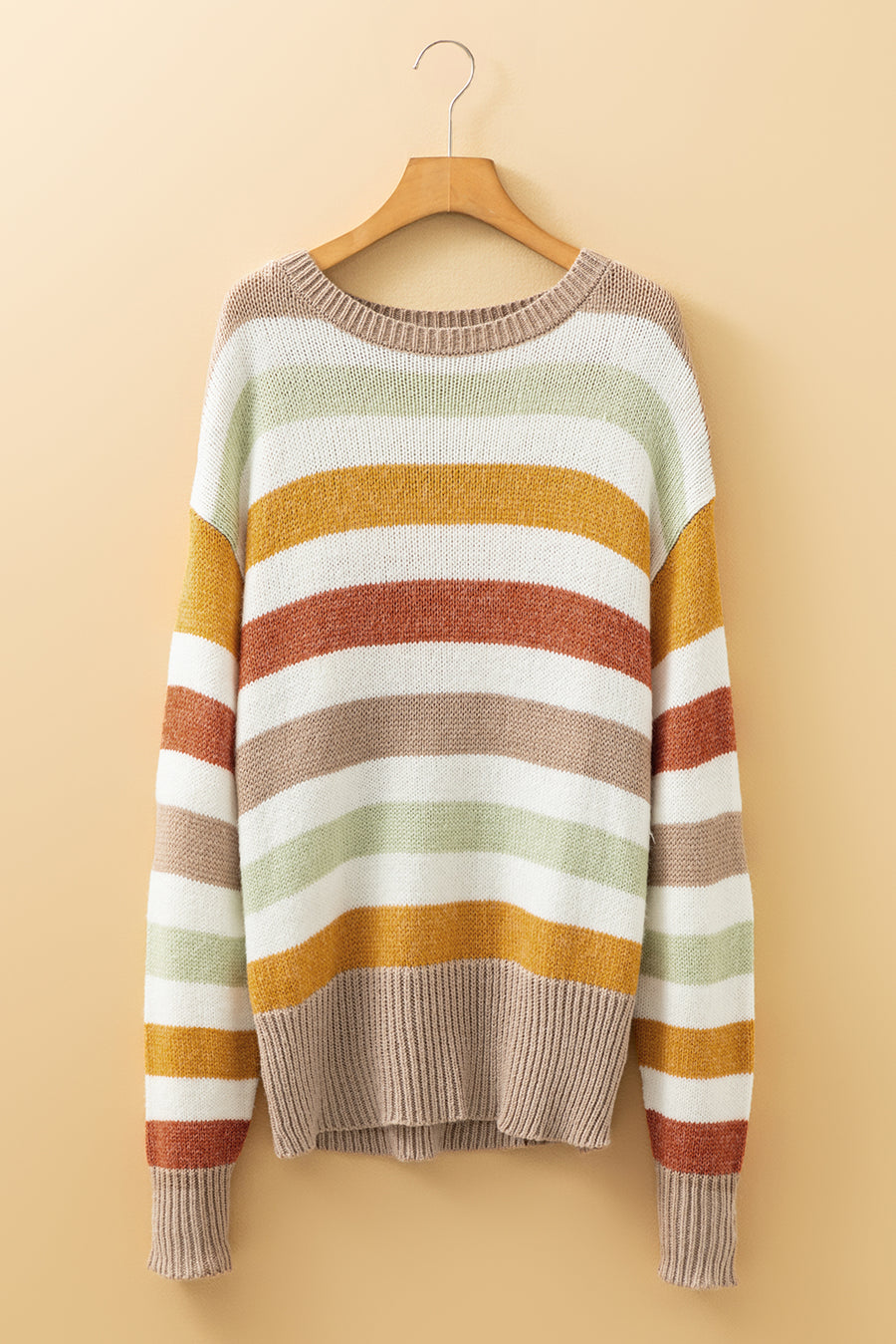 Cream Multi Color Block Drop Shoulder Crew Neck Sweater