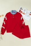 Red Striped Collar Bow Sleeve Sweatshirt and Shorts Set