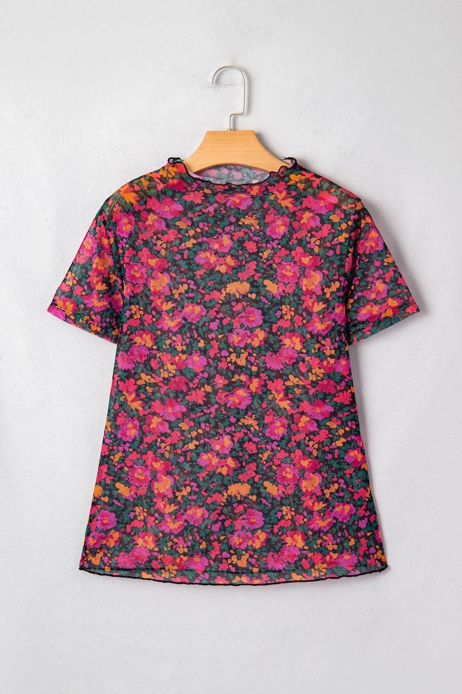 Black Floral Mesh Lettuce Trim Short Sleeve Blouse A