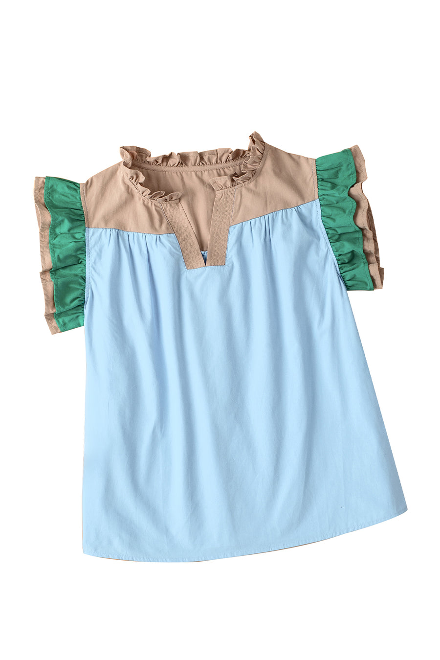 Sky Blue Color Block Ruffled Sleeve Frill V-Neck Short Sleeve Blouse