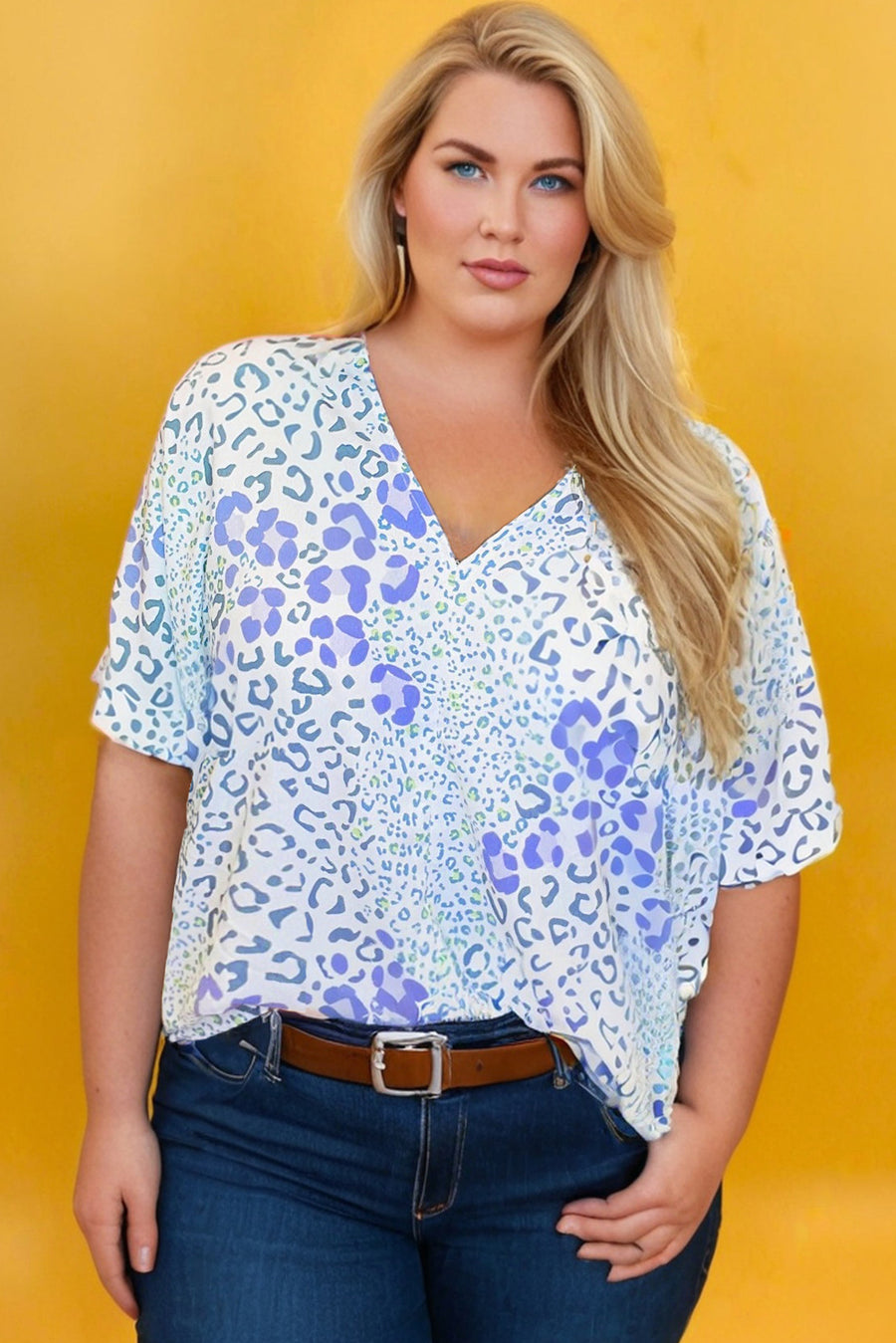 Plus Size Periwinkle Leopard Print V-Neck Short Sleeve T-Shirt