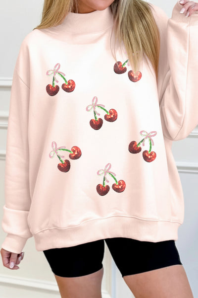 Apricot Pink Sequin Bow Cherry Patched Mock Neck Baggy Sweatshirt