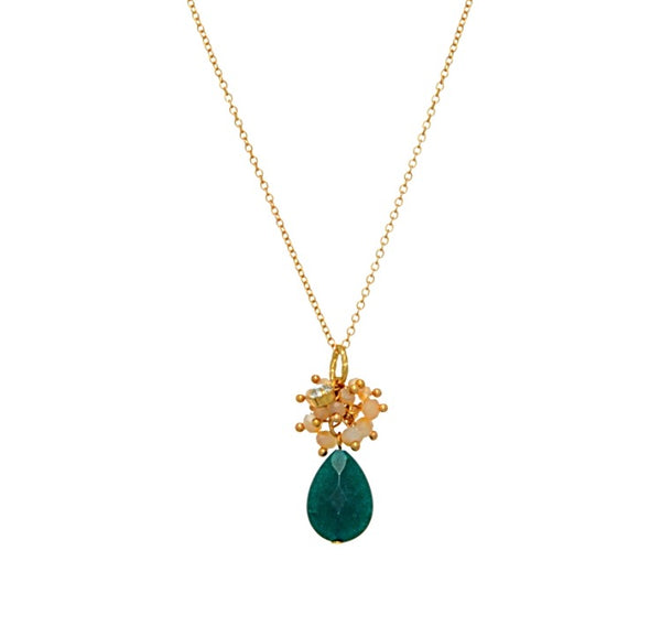 Gold Tone Beaded Teardrop Necklace- Hunter Green