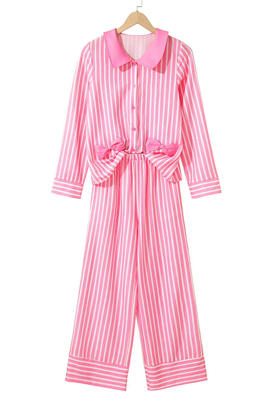 Pink Striped Bow Decor Peter Pan Collar Button-Up Top and Pants Pajama Set