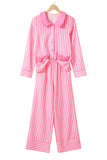 Pink Striped Bow Decor Peter Pan Collar Button-Up Top and Pants Pajama Set