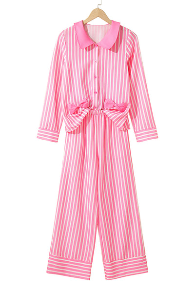 Pink Striped Bow Decor Peter Pan Collar Button-Up Top and Pants Pajama Set