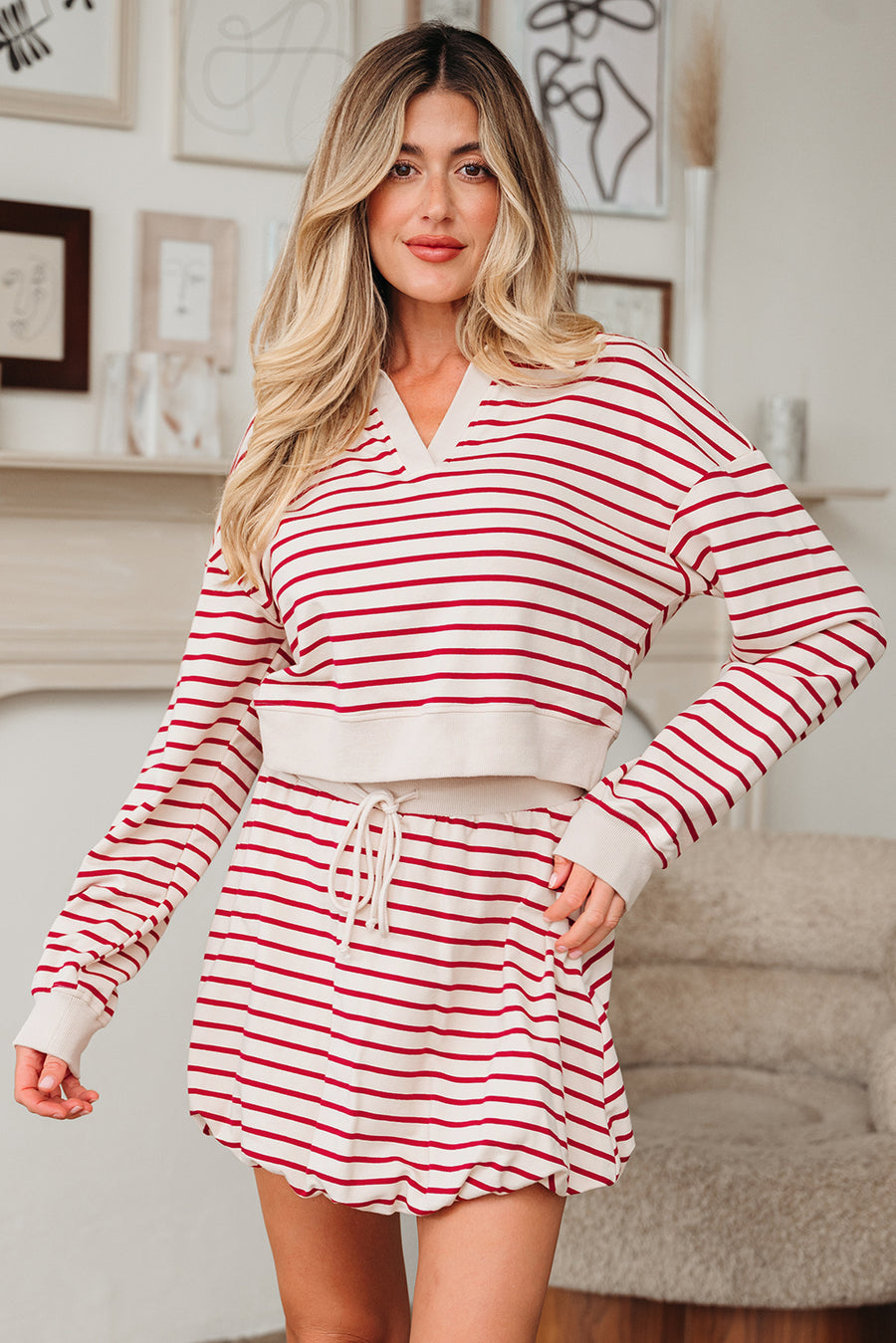 Red Stripe Cropped Collared Sweatshirt and Bubble Mini Skirt Set