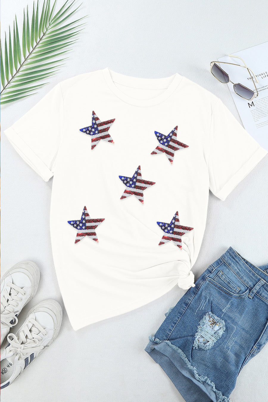 White Sequin American Flag Star Graphic T-Shirt