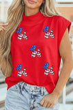 Red Sequin American Flag Balloon Dog Patches Mock Neck Short Sleeve T-Shirt