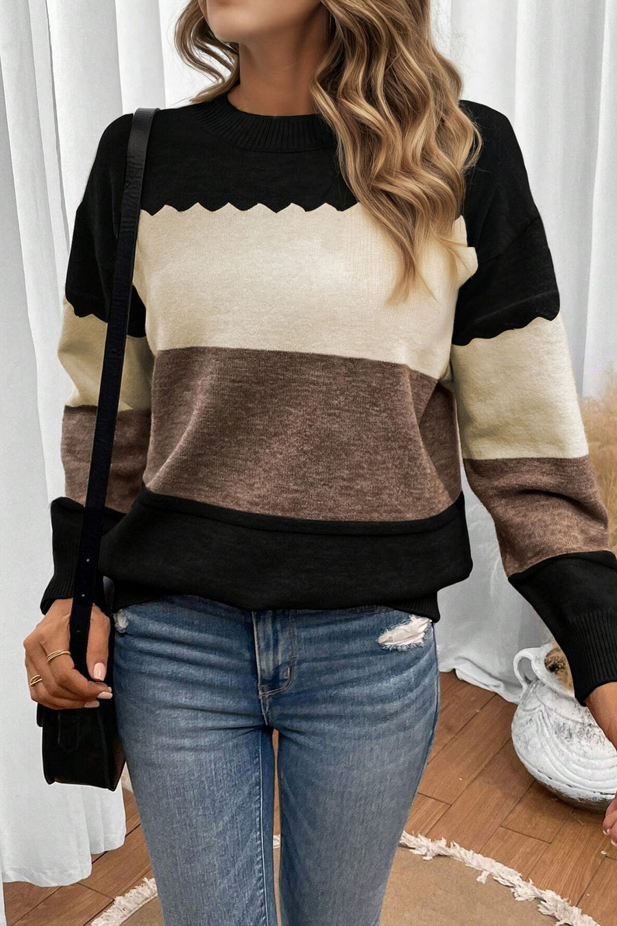 Color Block Crew Neck Drop Shoulder Scallop Detail Sweater- 3 Colors