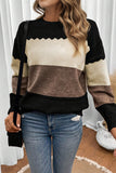Color Block Crew Neck Drop Shoulder Scallop Detail Sweater- 3 Colors
