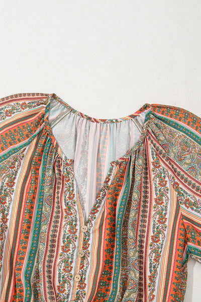 Red Bohemian Floral Print Buttoned V Neck Ruffle Tiered Dress