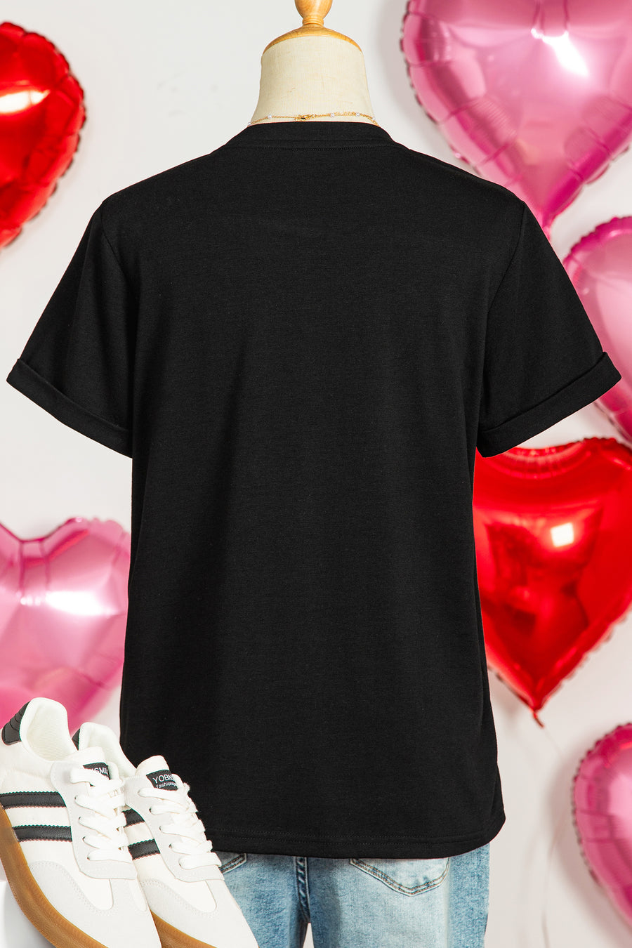 Black Bow XOXO Heart Sequin Patch Graphic T-Shirt