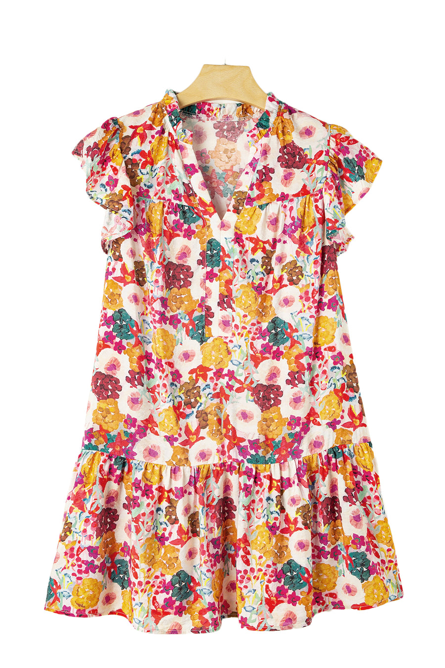 Multicolored Floral Notched Neck Ruffle Mini Dress