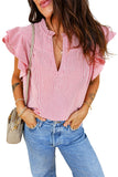 Red Striped Frilled V-Neck Double Ruffled Short Sleeve Blouse
