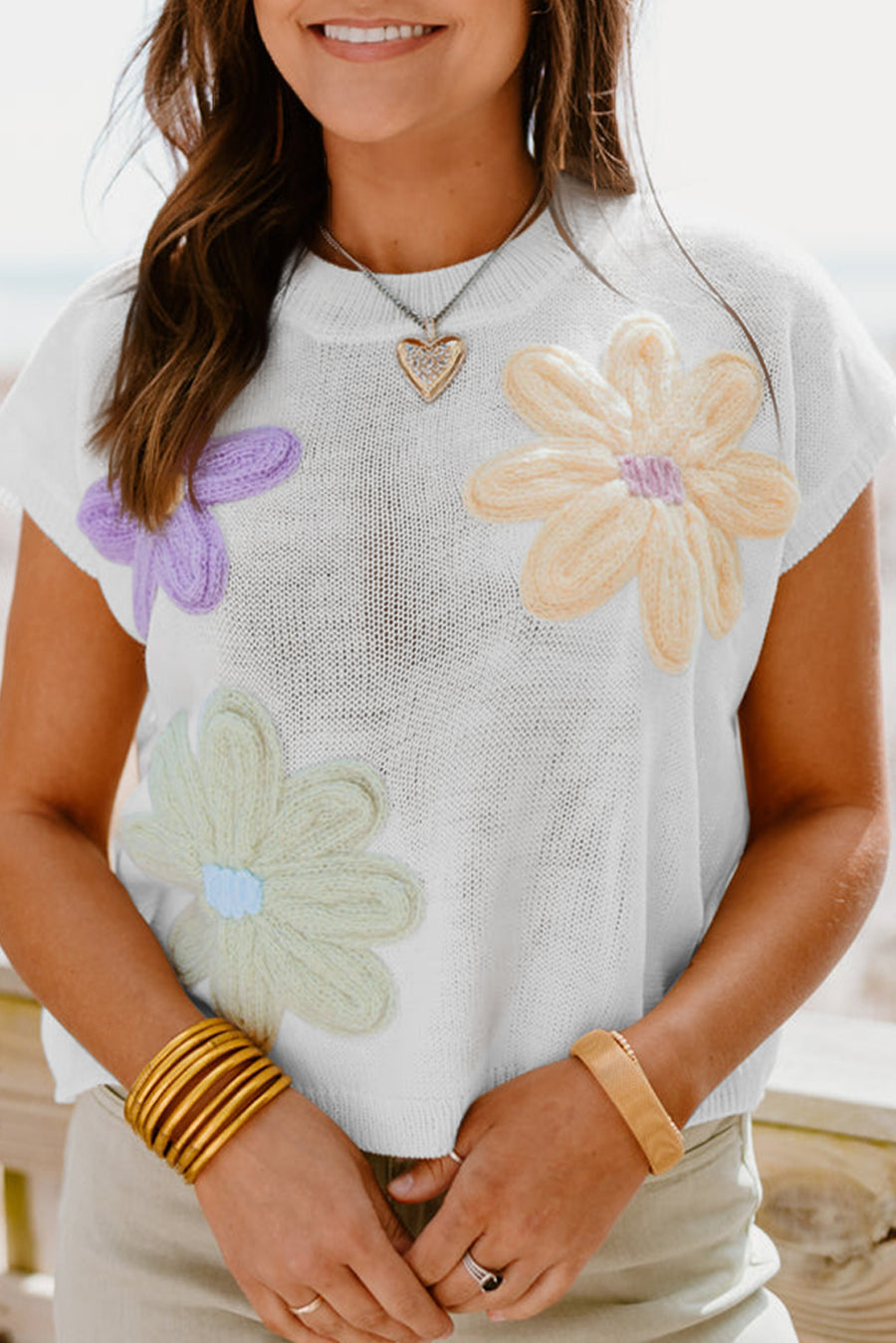Flower Patch Knit Crew Neck Short Sleeve Sweater- 2 Colors