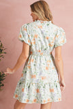 Orange Floral Print Smocked High Waist Puff Sleeve Mini Dress