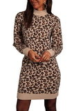 Khaki Leopard Print High Neck Shift Mini Sweater Dress