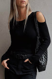 Black Ribbed Knit Cold Shoulder Plain Sweater