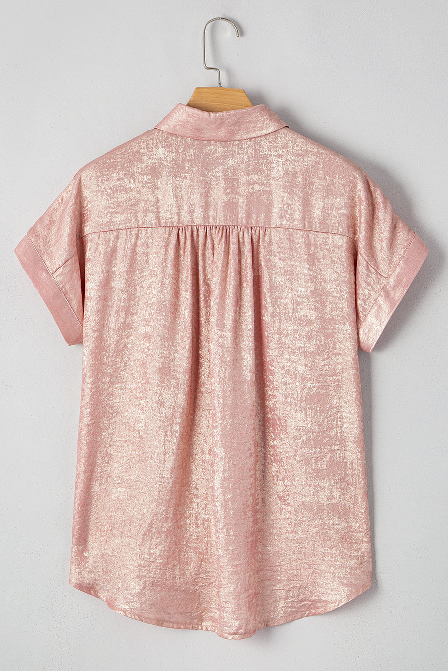 Metallic Pink Button-Up Short Sleeve Shirt