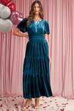 Velvet Puff Short Sleeve Smocked Waist Tiered Maxi Dress with Pockets- 3 Colors