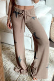 Khaki Retro Star Print Long Sleeve Pullover Drawstring Wide Leg Pajama Set