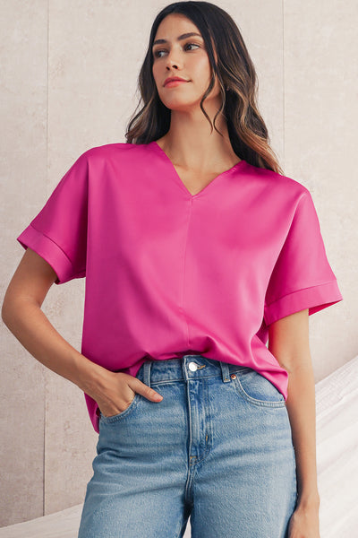 Bright Pink V-Neck Dolman Sleeve Loose Top