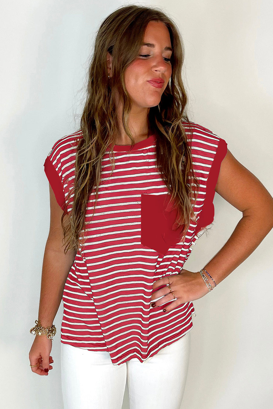 Striped Chest Pocket Crew Neck Muscle Tee- 2 Colors
