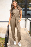 Khaki Zip-Up Short Sleeve Collared Jumpsuit with Pockets