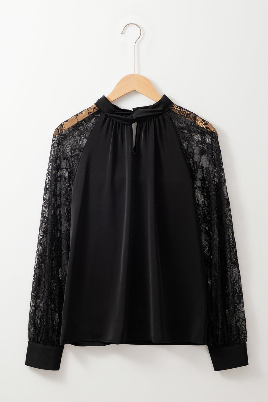 Black Keyhole Lace Splicing Raglan Sleeve Blouse