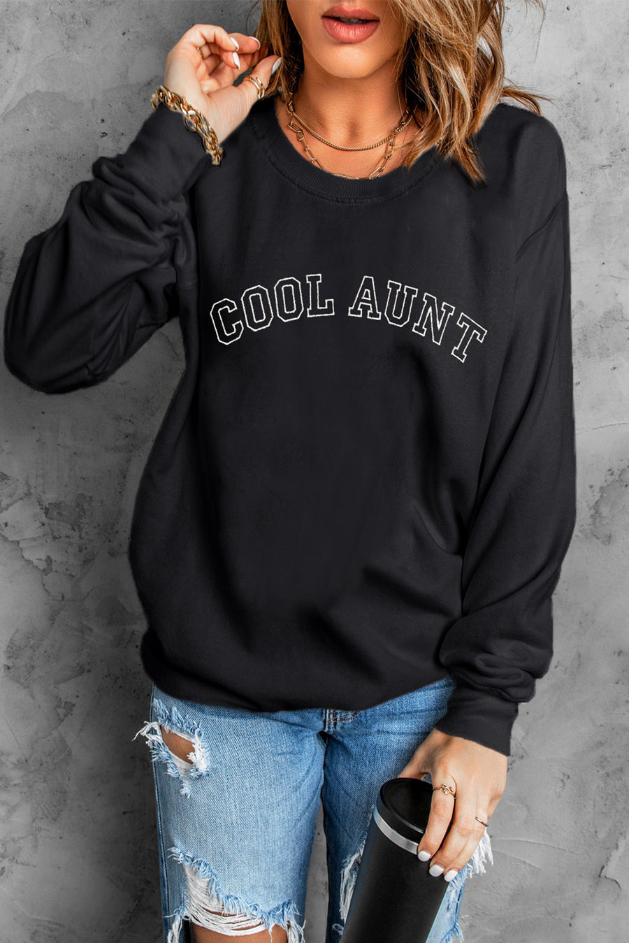 Black COOL AUNT Embroidered Letters Sweatshirt