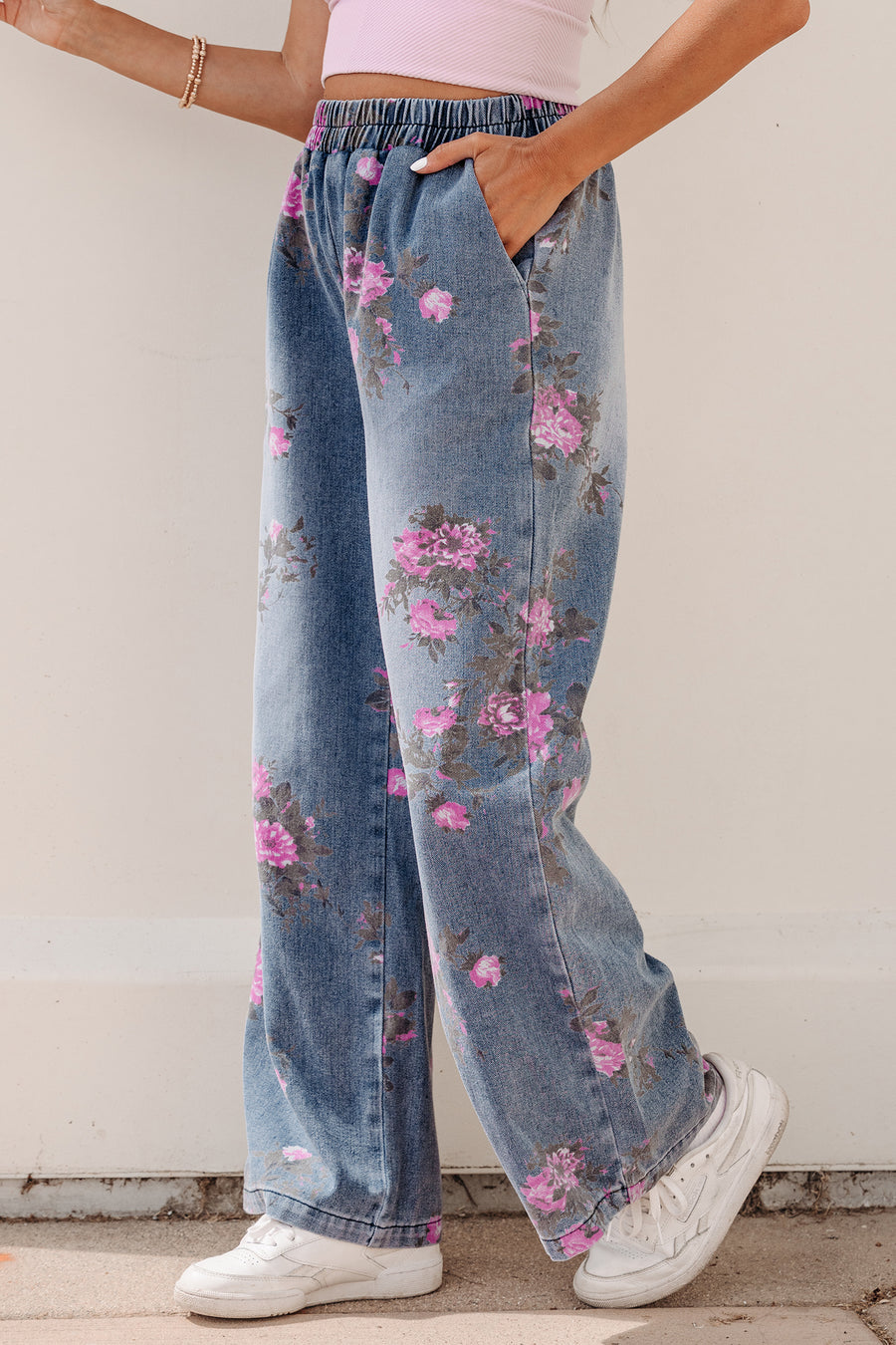 Floral Print Elastic Waist Pull-On Jeans