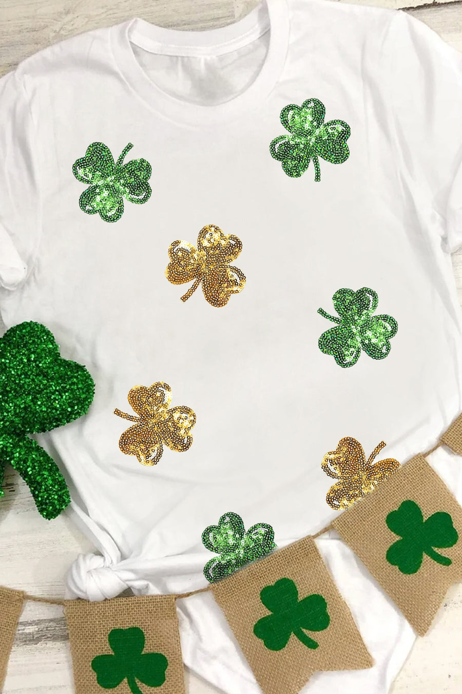 White Sequin Clovers Graphic T-Shirt