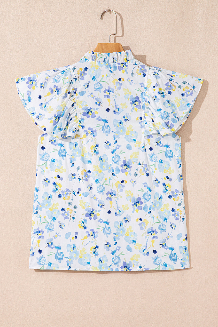 Blue Floral Frilled Notch Neck Ruffle Sleeve Blouse
