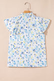 Blue Floral Frilled Notch Neck Ruffle Sleeve Blouse