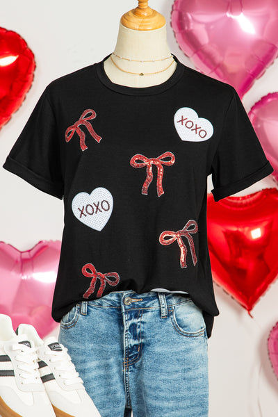 Black Bow XOXO Heart Sequin Patch Graphic T-Shirt